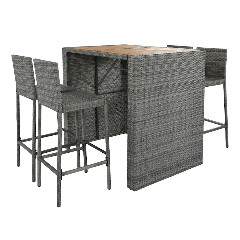 5-pieces Outdoor Patio Wicker Bar Set, Bar Height Chairs With Non-Slip Feet And Fixed Rope, Removable Cushion