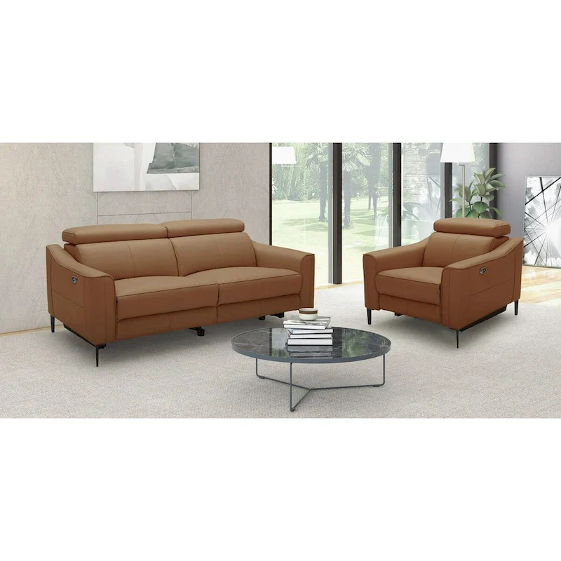 Camel Genuine Leather Modern Sofa with 2 Power Recliners – Seats 3
