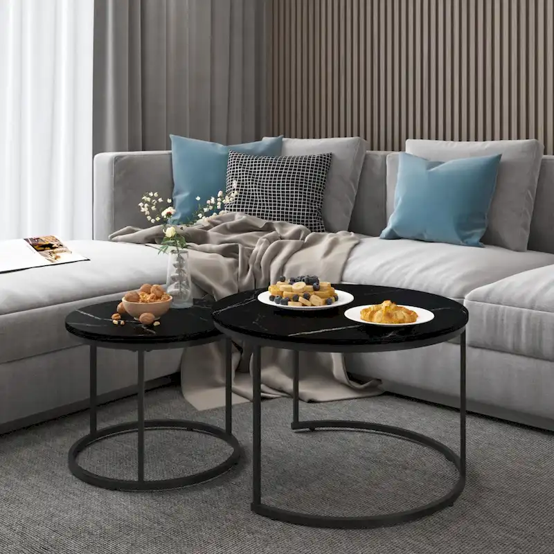 Nesting Coffee Table Set of 2, 27.6inch Round Coffee Table Wood Finish with Sturdy Metal Frame,End Table Side Tables