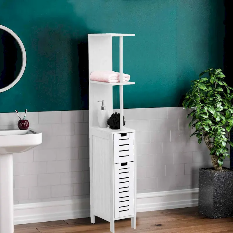 Miami White Slim Bathroom Storage Cabinet Open Shelves Two Doors - 51.4 H x 7.2 L 12 W