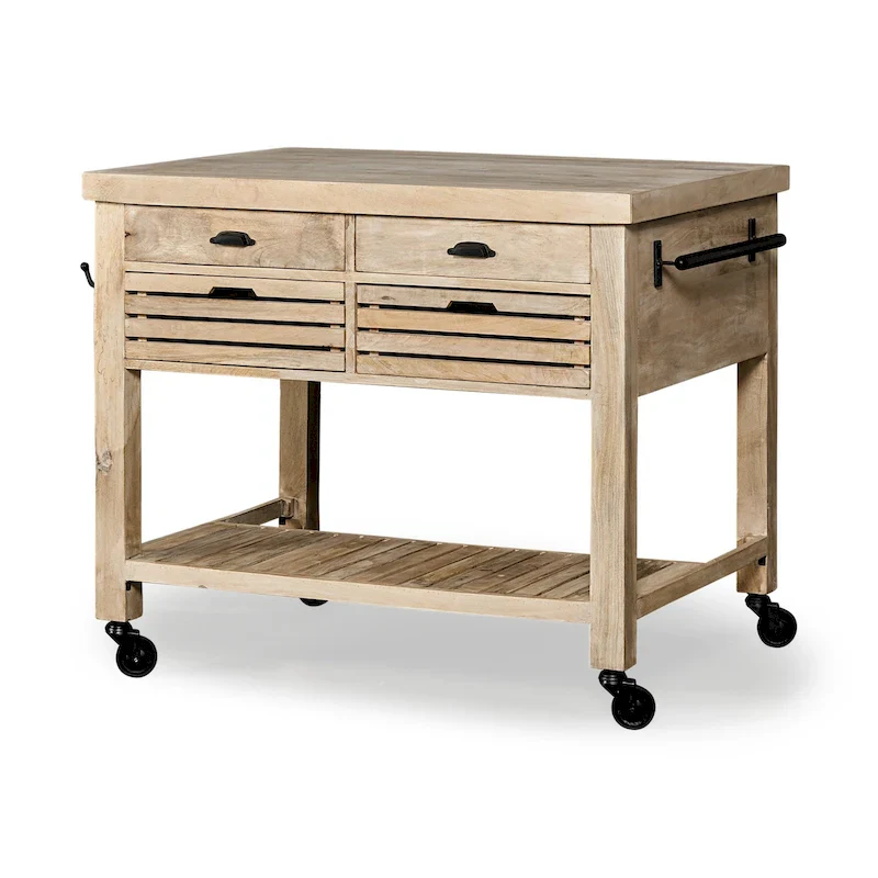 Brown Mango Wood Portable Rolling Kitchen Island with Black Iron Hardware & 4 Drawers – Single