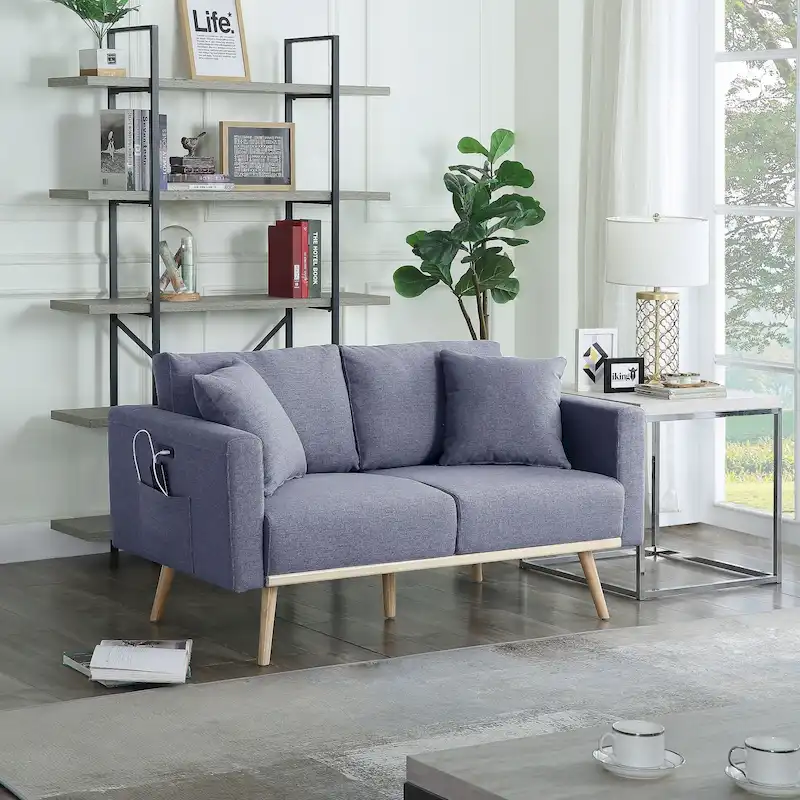 Dark Gray / Light Gray & Natural Mid-Century Linen Loveseat with USB Port, Magazine Pocket & 2 Pillows – Seats 2