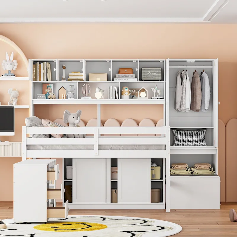 White Full Size Wood Loft Bed with Wardrobe, Under-Bed Desk, Drawers & Shelves
