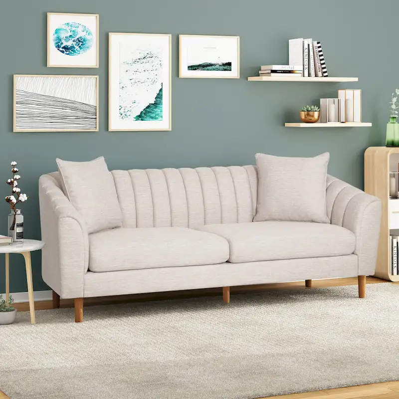Channel-Tufted Sofa with Sloped Arms & Walnut Legs – Blush / Beige / Cloud Gray / Charcoal / Navy Blue, Mid-Century Modern, Seats 3