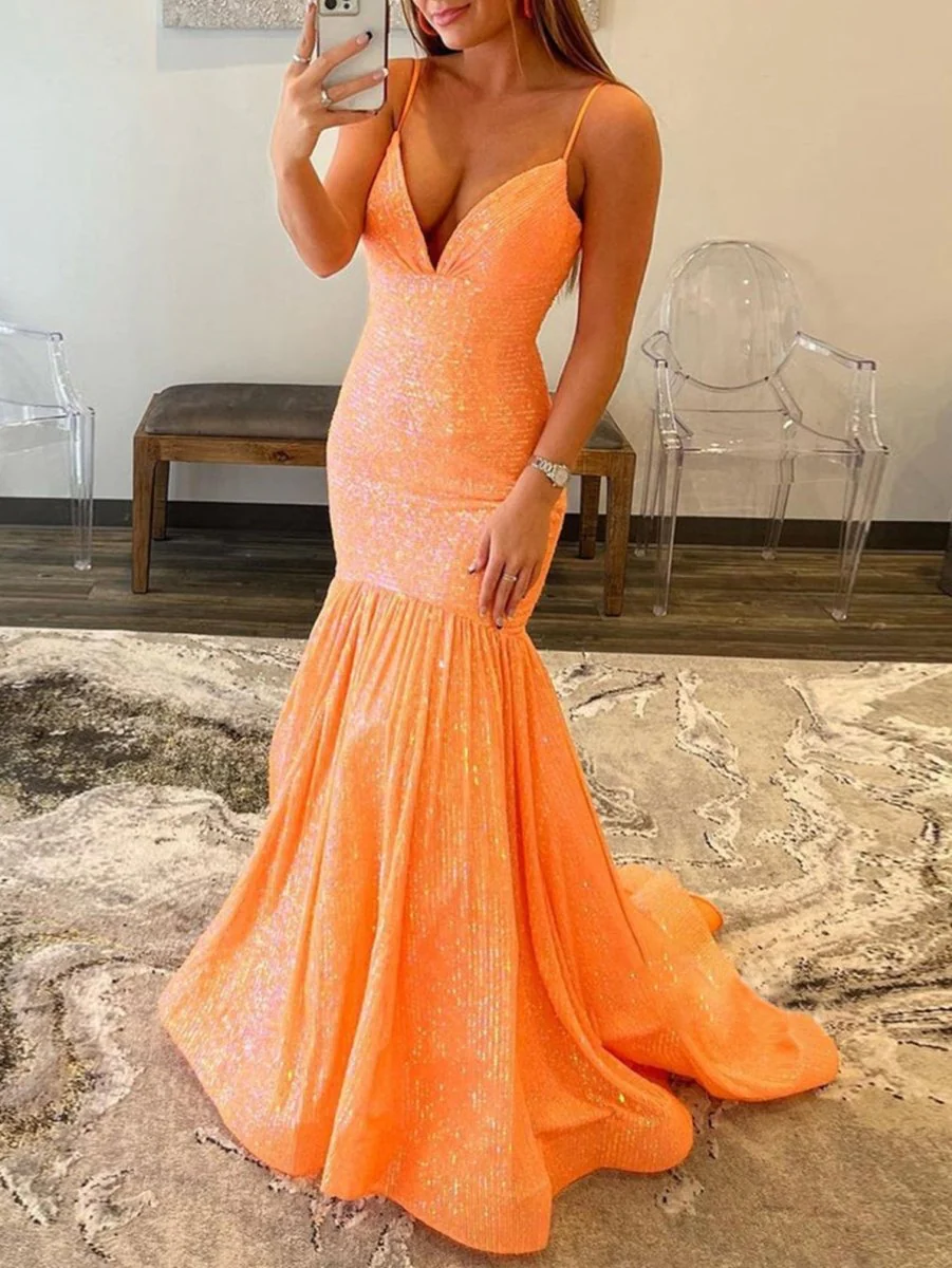 Mermaid Orange V Neck Sequins Prom Dress