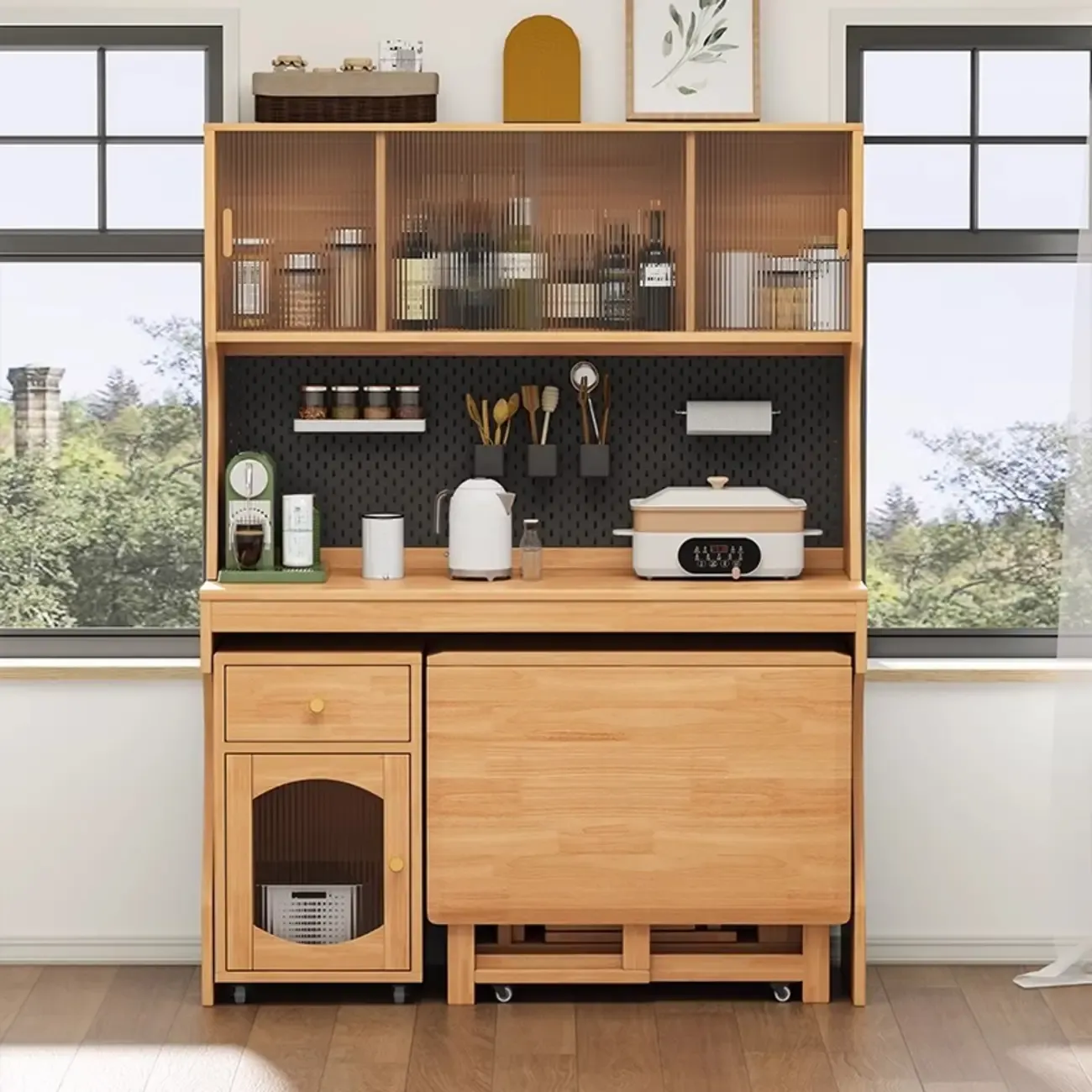 Mobile Natural Wood Hutch Top Kitchen Sideboard with Doors