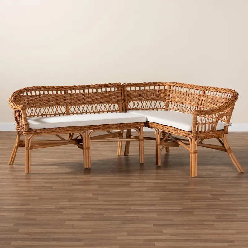 bali & pari Nella Modern Bohemian Natural Brown Rattan 2-Piece Dining Nook Banquette Set