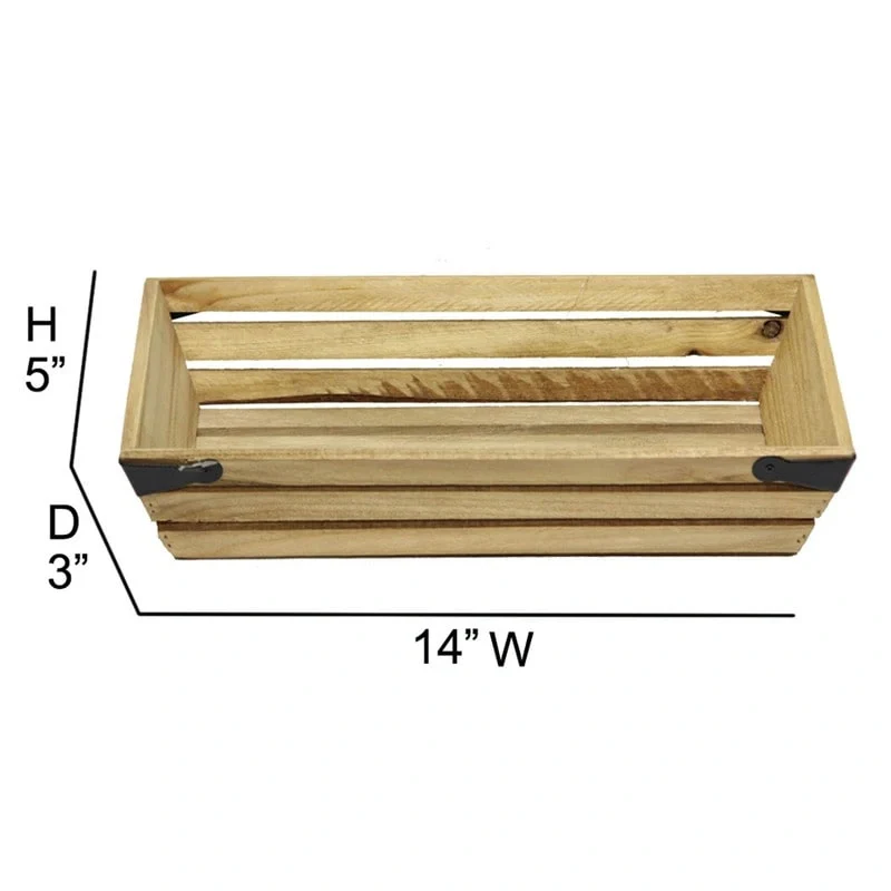 Natural wood small shallow rectangle crate with metal corner design