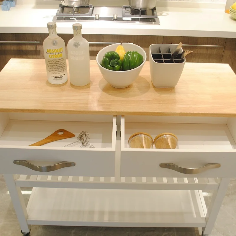 Simple Design Kitchen Island&Cart ,Double Display Shelves and 2 Drawer with Wood Top