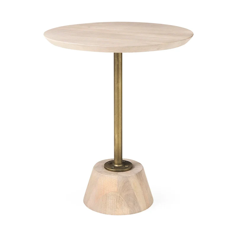 Round Side Table 20 Pedestal Solid Mango Wood Iron Rod Dark Brown Black Modern