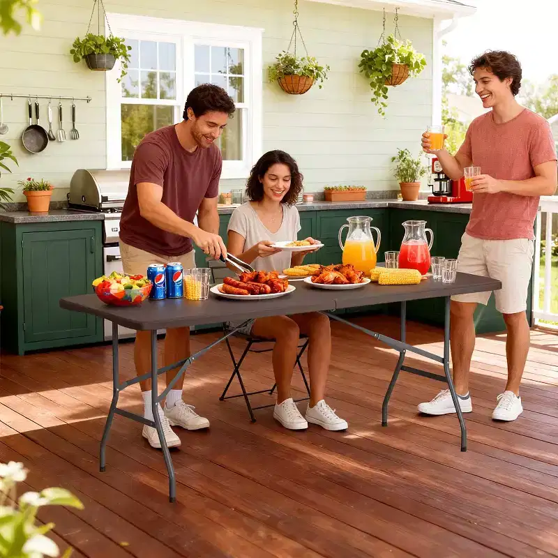 FDW 5.9 Foot Folding Table, Portable Plastic Table with Carrying Handle Perfect for Indoor, Outdoor, Party, Dining, Wedding, Events, Camping