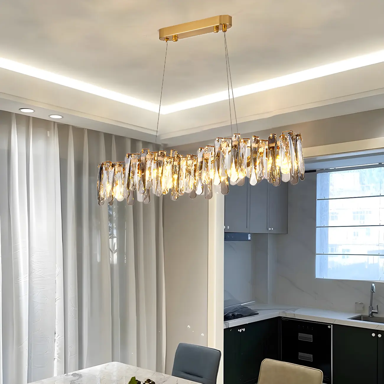 Elegant Grey Crystal Linear Island Pendant Light