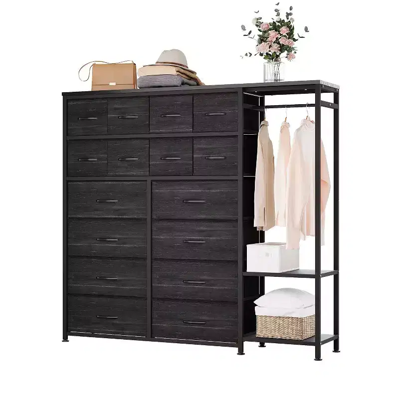 Clothes Rack with 16 Fabric Drawers & 2 Storage Shelves, Freestanding Closet Organizer for Hanging Clothes, Heavy Duty Garment Rack