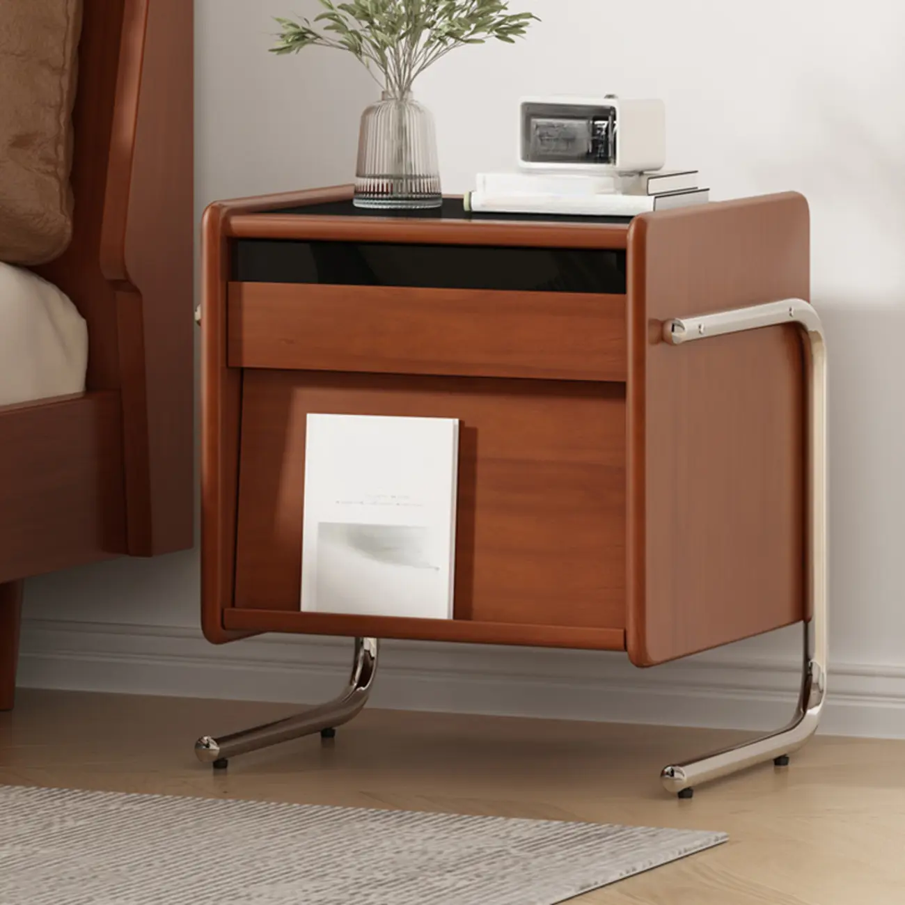 Narrow Mid-Century Modern Brown Wood Nightstand with Drawers