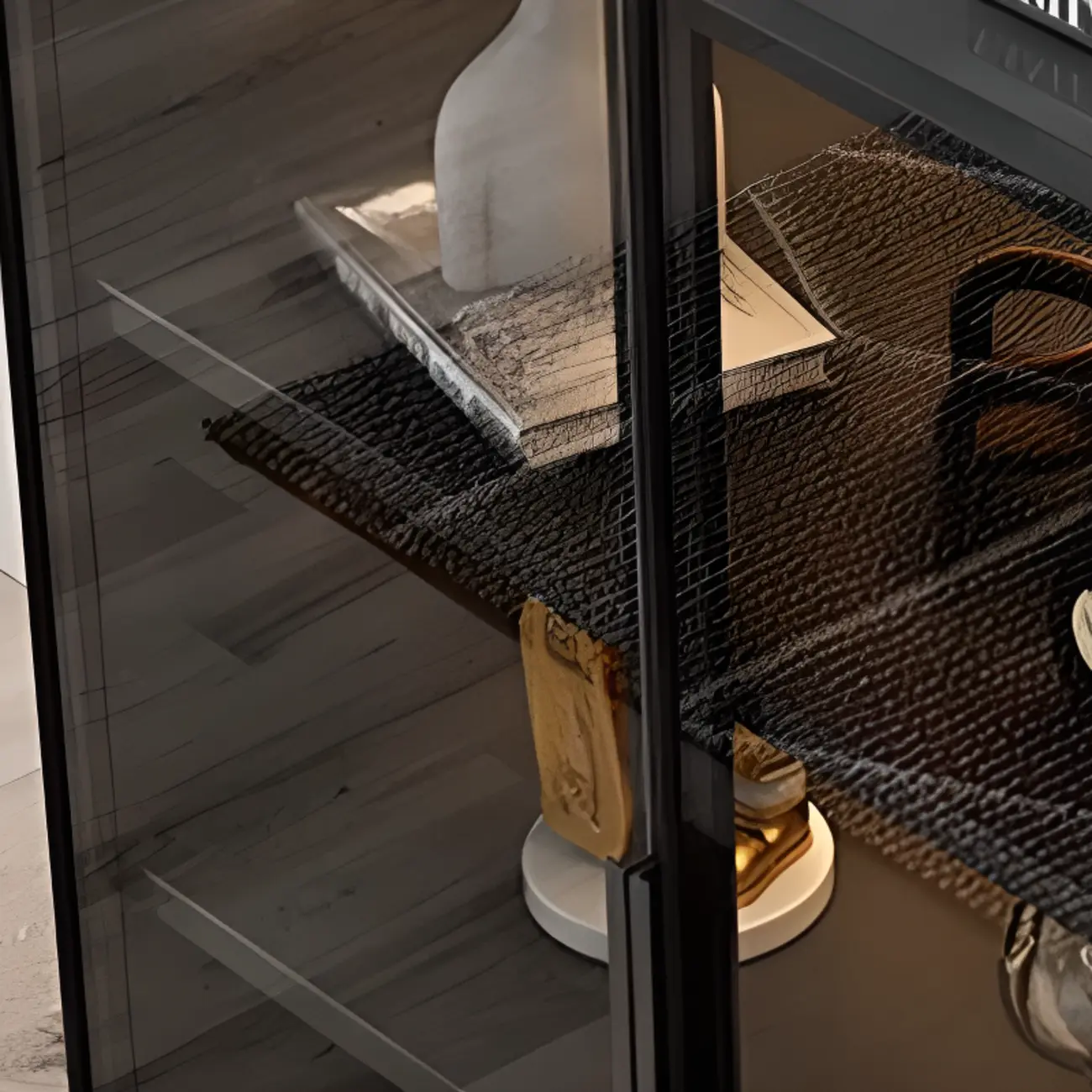 Large 3 Shelves Glass Wood Black Sideboard with LED Light