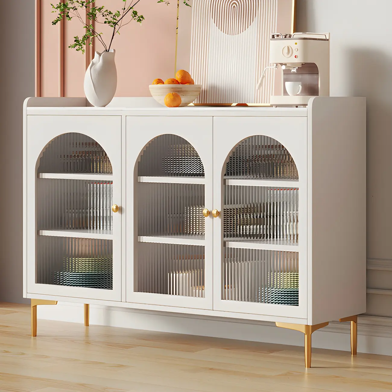 Glam White Wooden Buffet Table with Drawers & Shelves