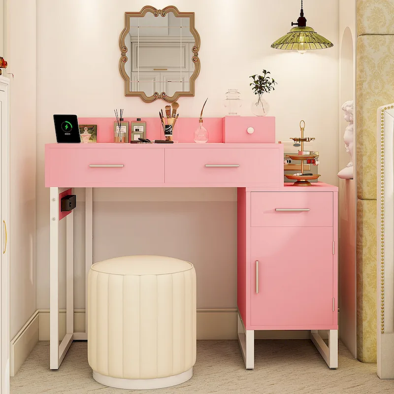 Reversible Makeup Vanity Desk With Charging Station and 4 Wooden Drawers and 1 Cabinet - N/A