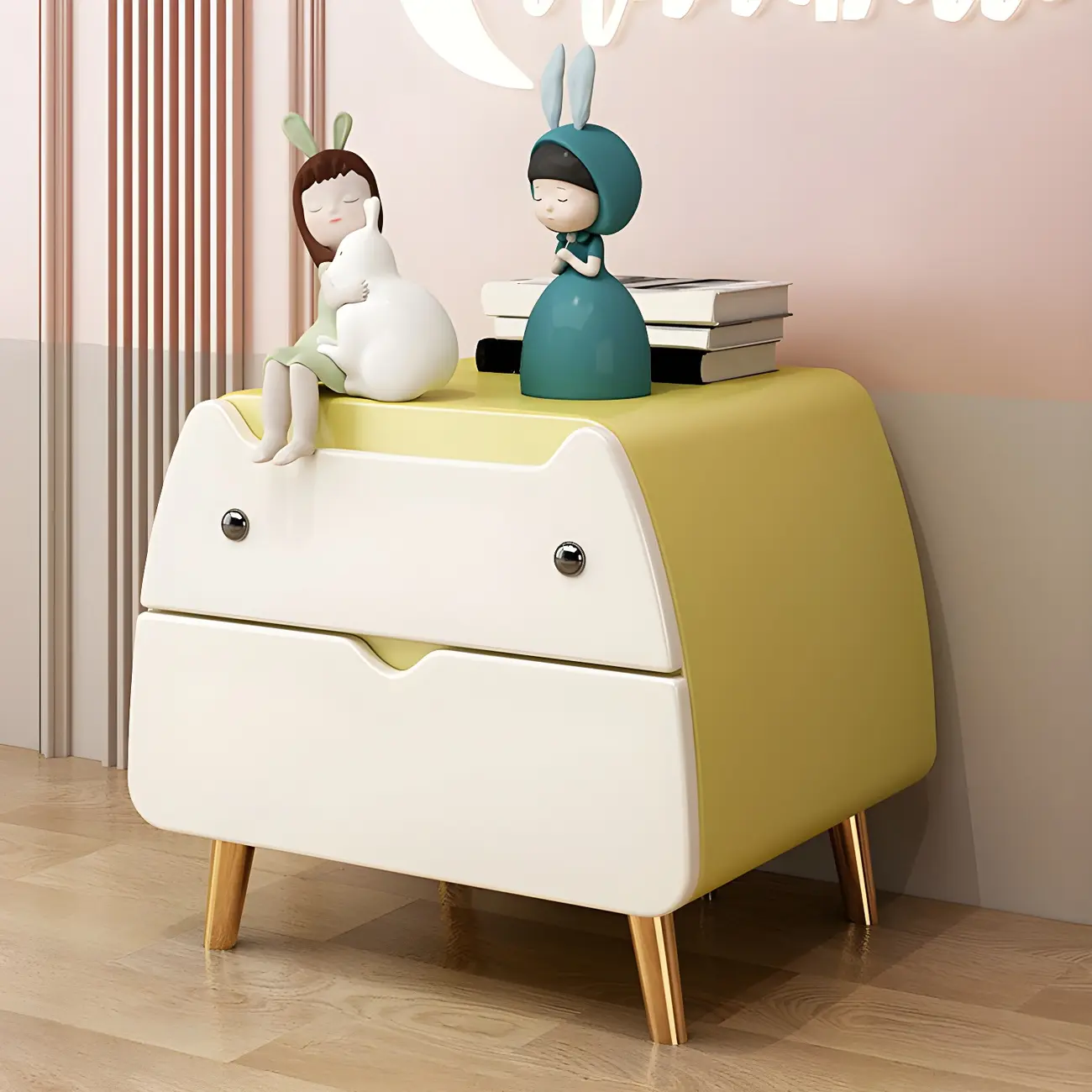 Pink Cute Cat Shape Scandinavian Nightstand with 2 Drawers