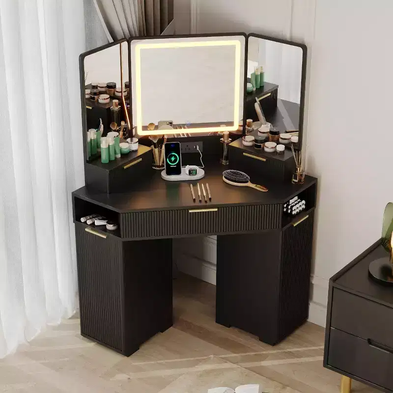 Lighted Mirror Corner Vanity Desk with Charging Station, Fluted Design, 3 Drawers, Cabinets, Open Shelves, Wooden Makeup Vanity Table for Bedroom