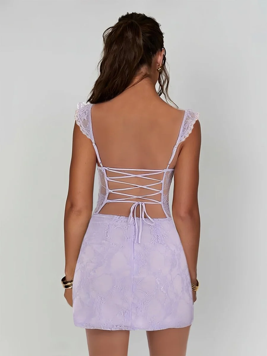 Lilac - Spaghetti Straps Sheath Lace Short Homecoming & Cocktail Dress With Slit