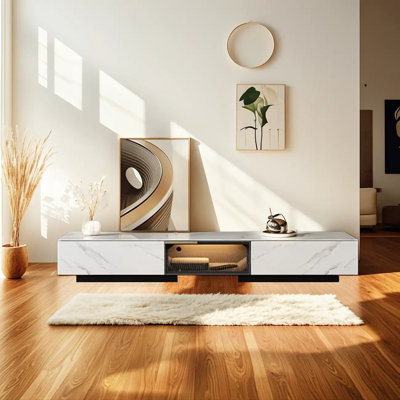 Black Modern Stone Rectangle Drawers TV Stand with LED Lights