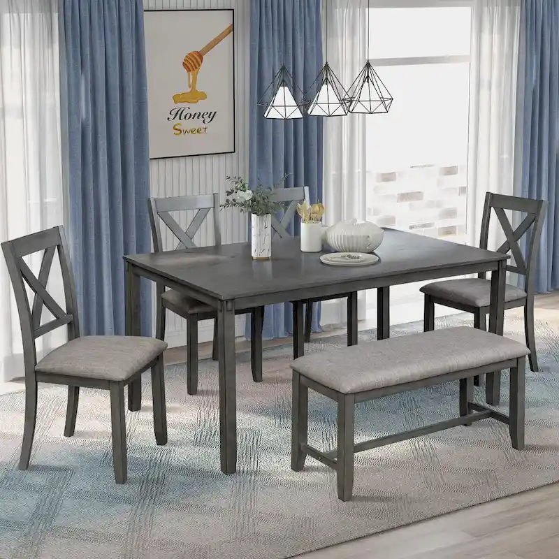 6-Piece Wooden Kitchen Dining Table Set with 4 Chairs and Bench