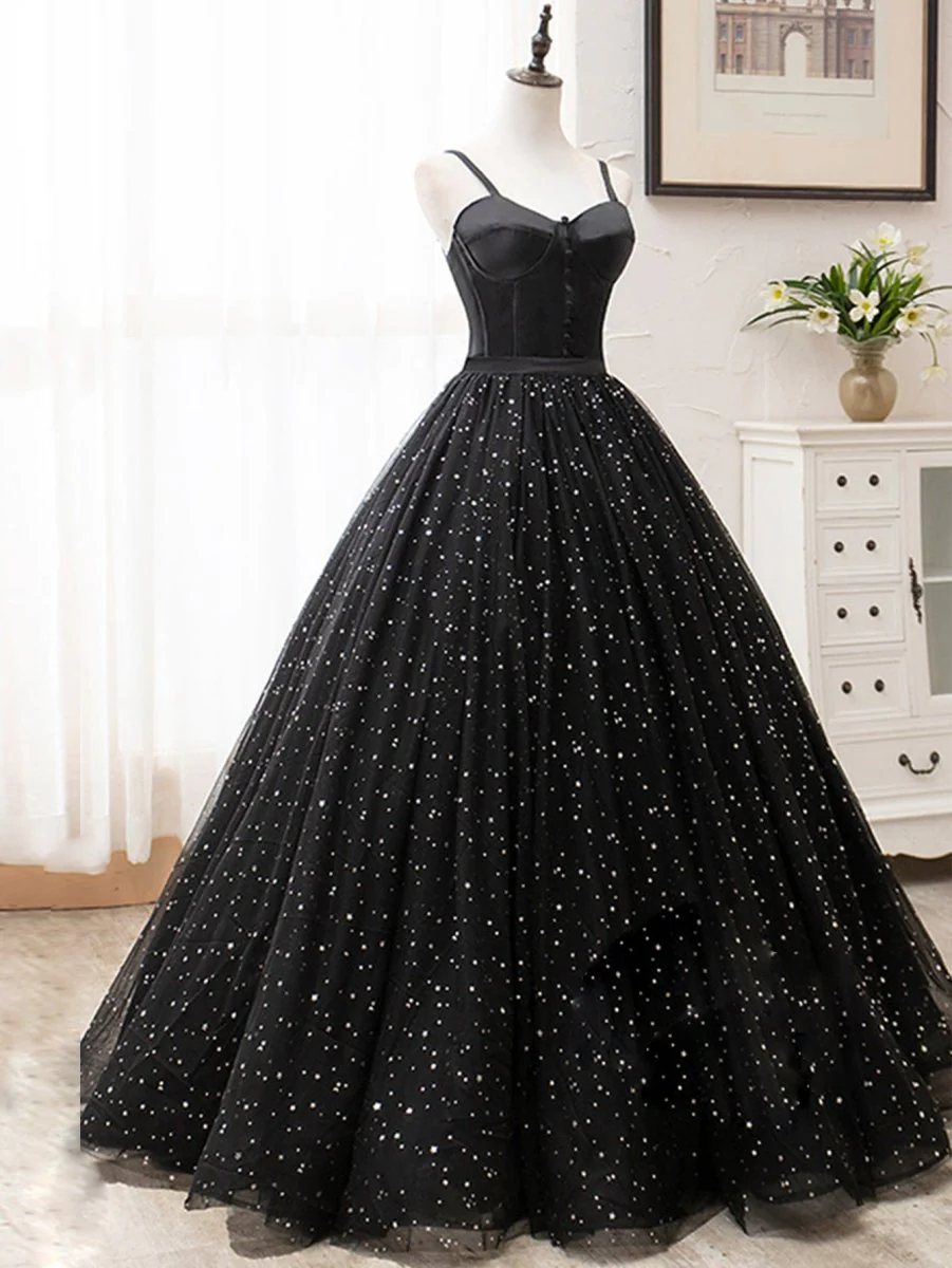 Spaghetti Straps Glitter Black Long Prom Dress