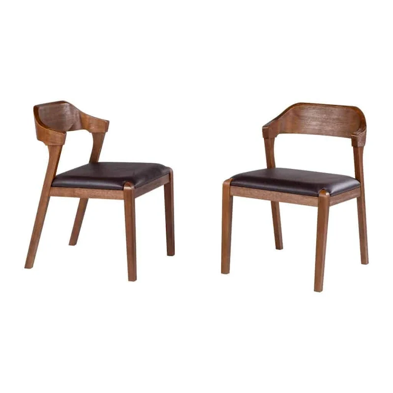 Mid-Century Rubberwood Dining Chair with Faux Leather Seat – Chestnut Wire-Brush
