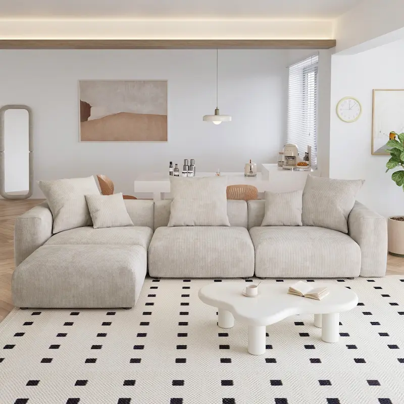 L Shaped Modern Sectional Couch Sofa with 5 Pillows and Chaise Ottoman, Cushion Covers Removable