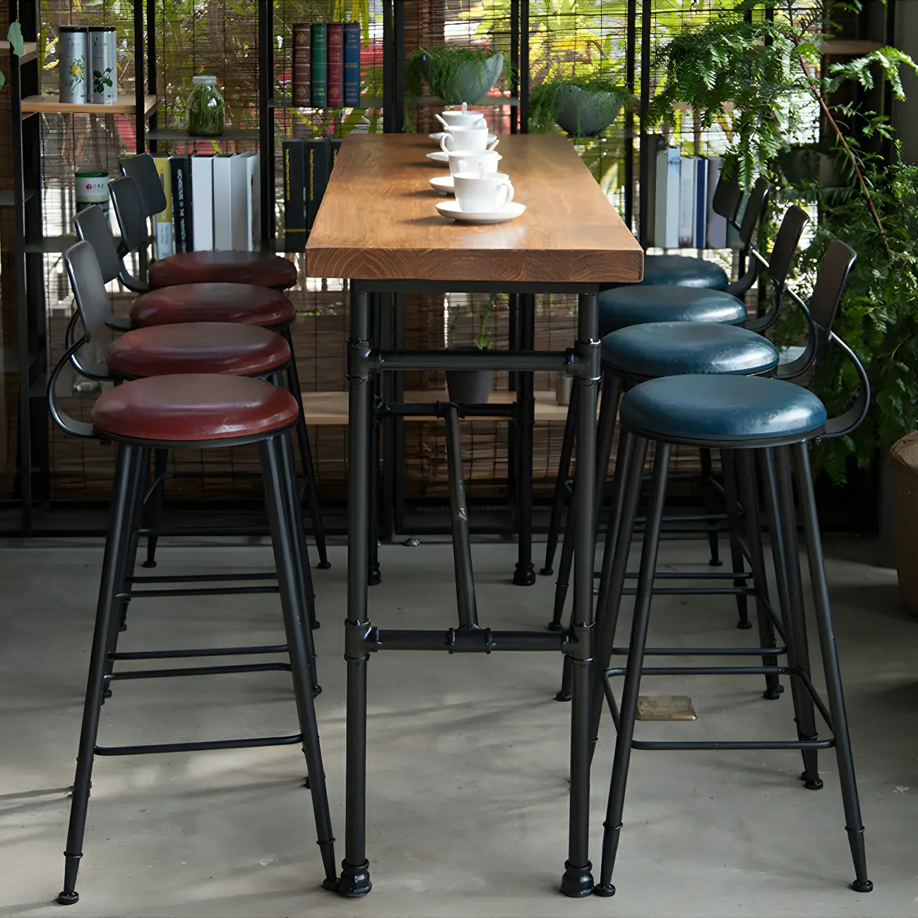 Industrial Brown Wood Black Metal Waterpipe Trestle Bar Tables