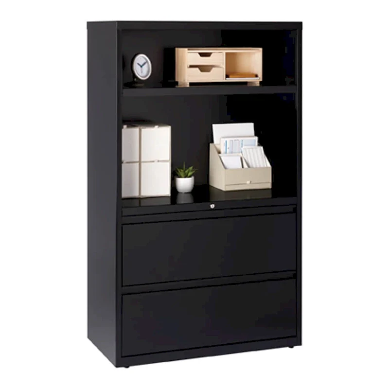Black Steel Locking Lateral File Cabinet – 2-Drawer 2-Shelf, Fits 2 Users