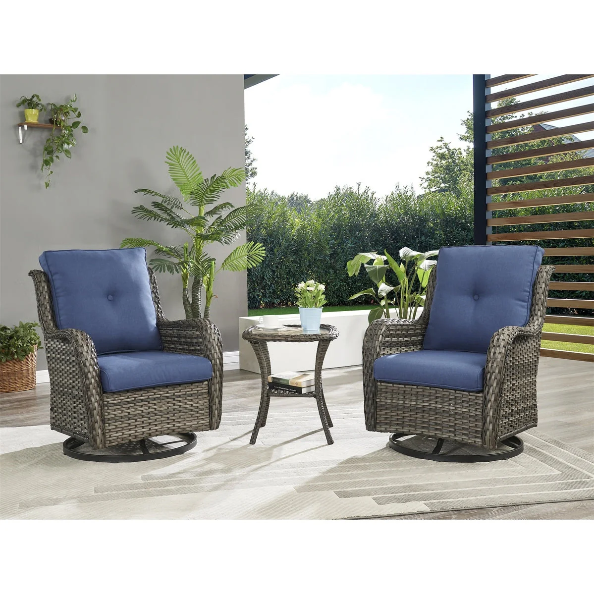 Gymojoy 3 Piece Outdoor Wicker Swivel Rocker with Cushion & Table