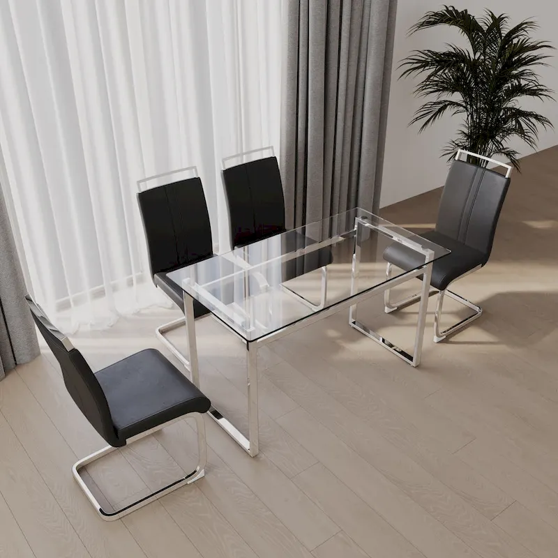 Modern 5-Piece Dining Set with Rectangular Glass Table & High Back Silver-Plated Legs Dining Armless Chairs