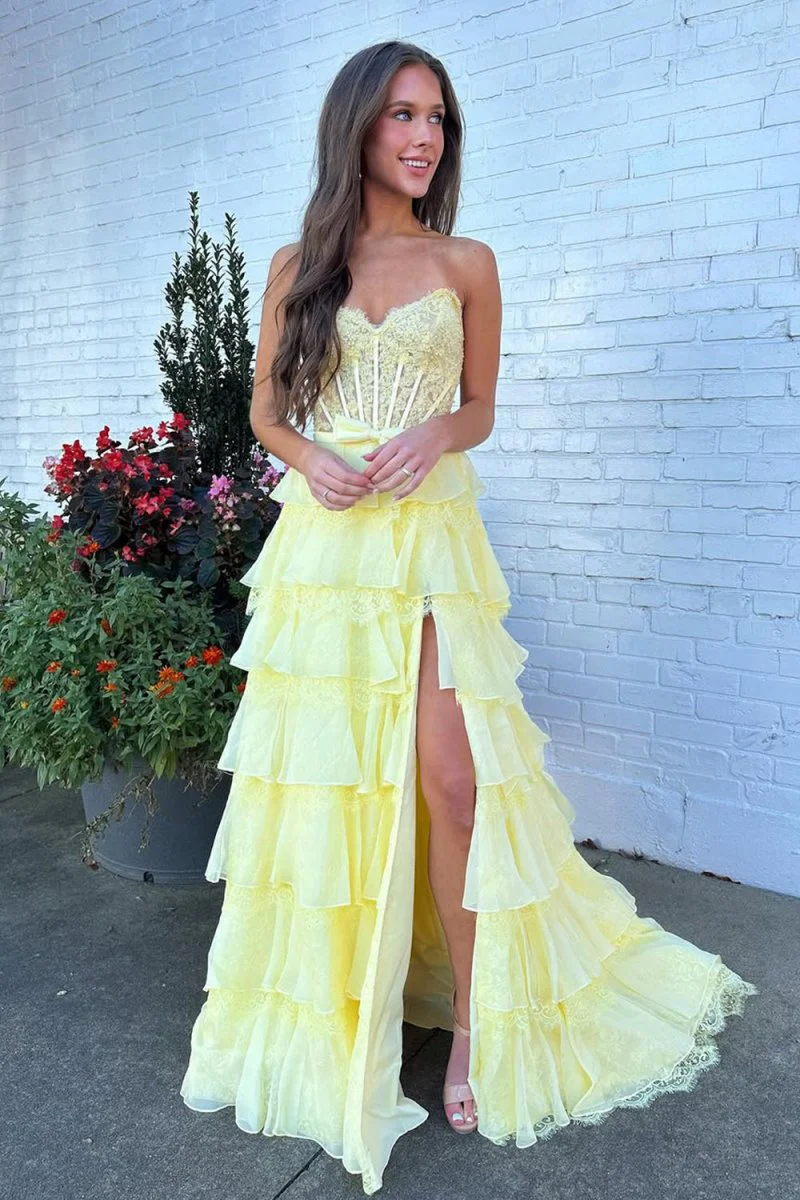 Yellow - Strapless A Line Chiffon Tiered Prom Dresses With Bow