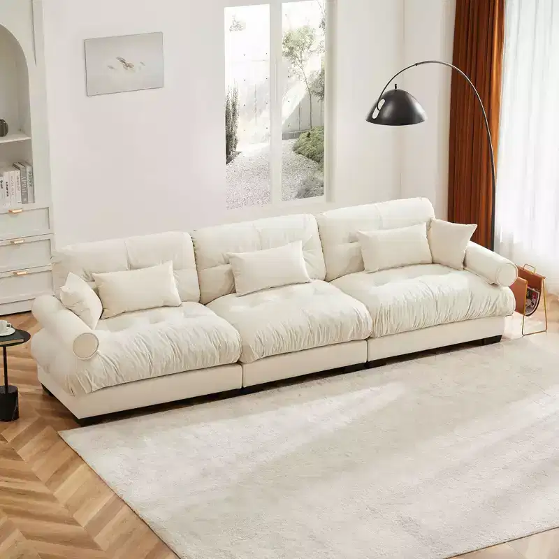 MAYEERTY Extra Large 3 Seat Modern Velvet Sofa Cloud Like Comfortable Seat and Back Support with Waist Pillows and Throw Pillows Cream