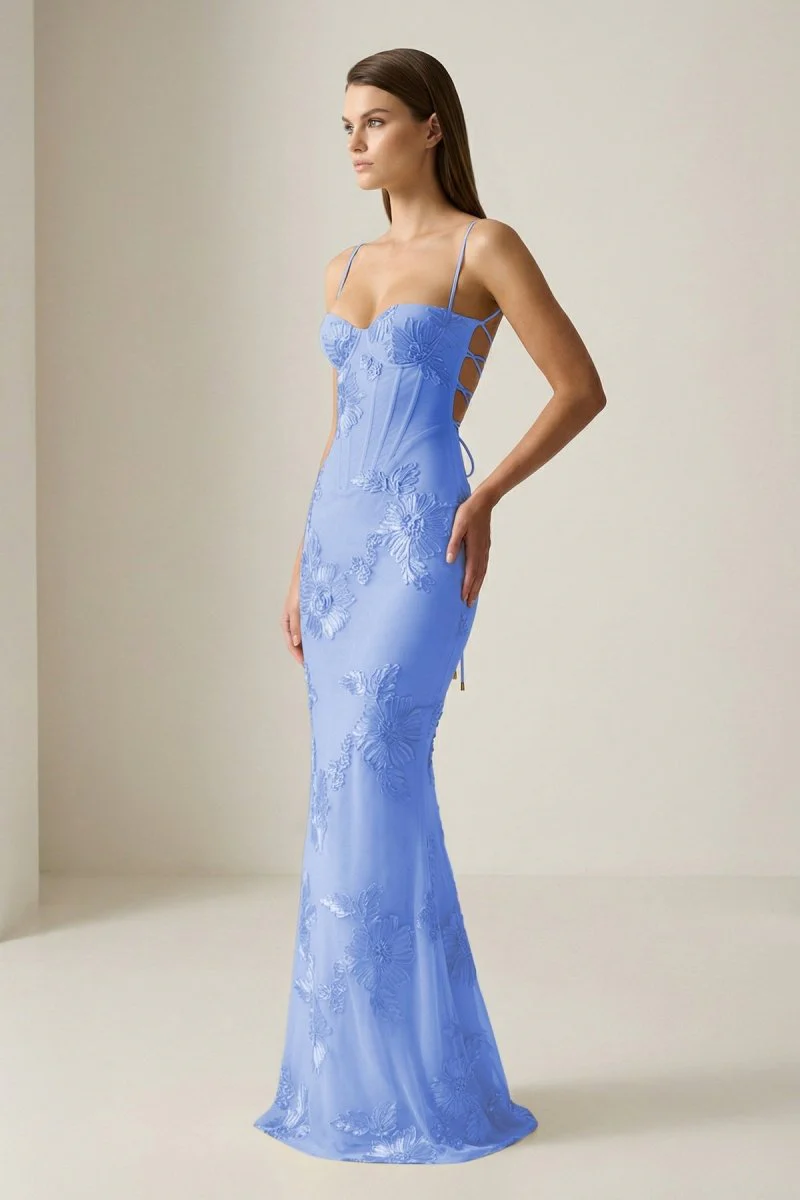 Yellow Spaghetti Straps Sheath Long Prom Dresses With Floral Embroidery