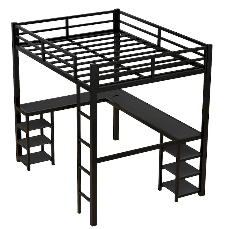 Black Metal Full Loft Bed with Desk and Shelves - L-Shaped Design