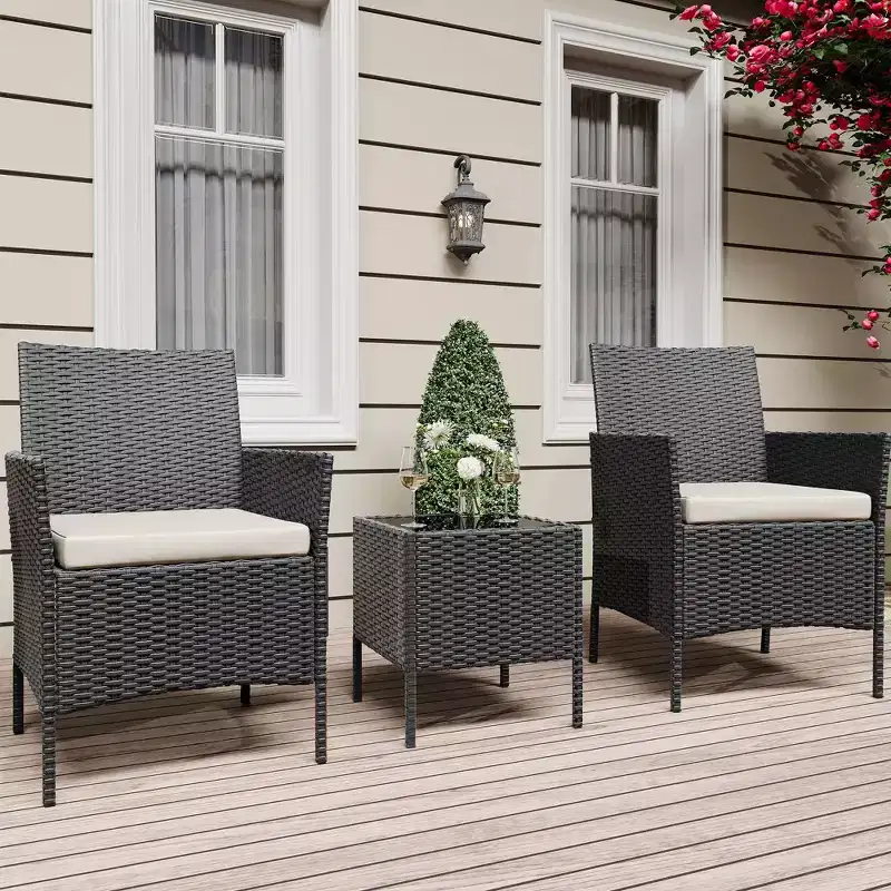 Patio Furniture Set, Outdoor Patio Conversation Sets, PE Rattan Wicker Furniture Sets with 2 Chairs, Soft Cushion and 1 Coffee Table, Bistro Set of 3