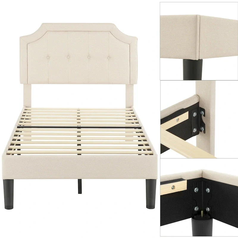 Javlergo Modern Upholstered Bed Frame with Height Adjustable Headboard, No Box Spring Needed