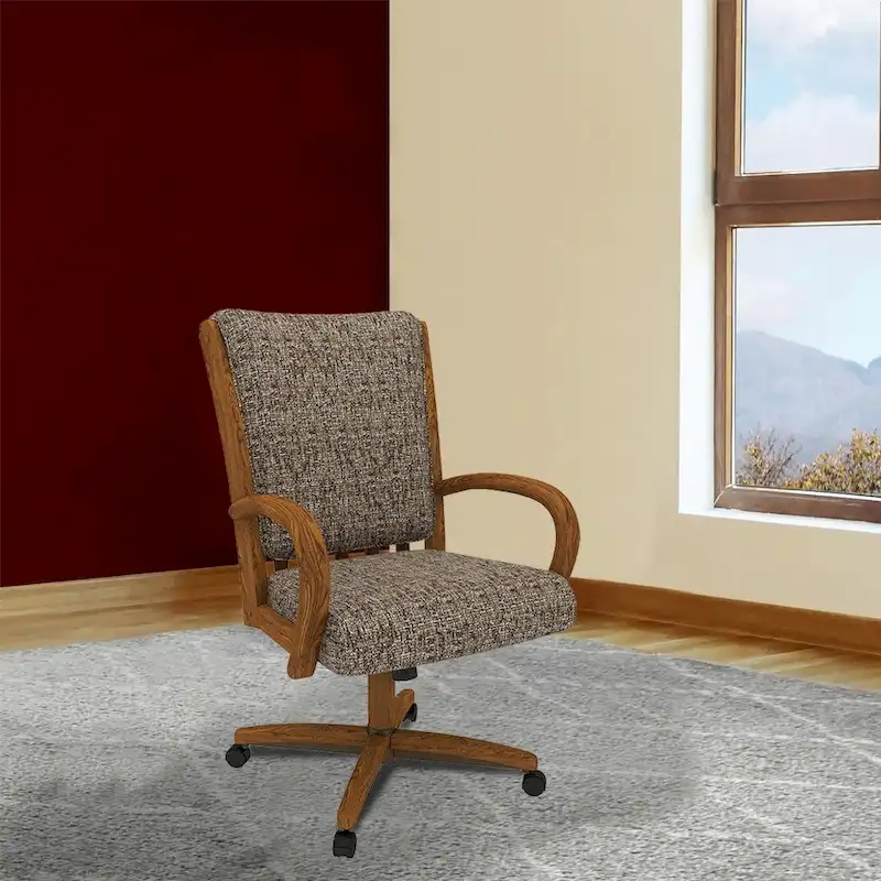 Upholstered Caster Dining Chair with Memory Foam and Swivel Tilt - Chestnut Finish