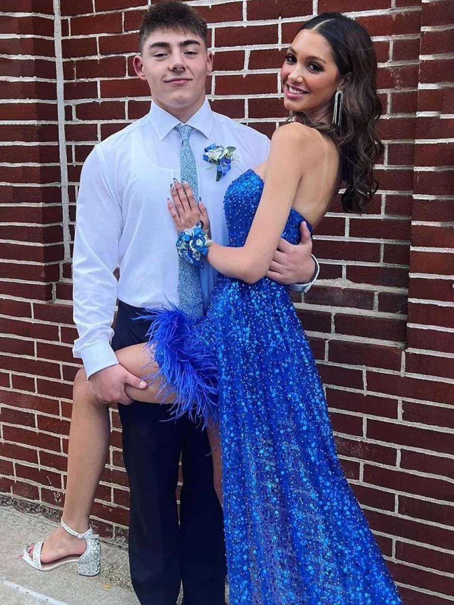 Royal Blue - Strapless Bodycon Sequins Homecoming Dresses With Feather