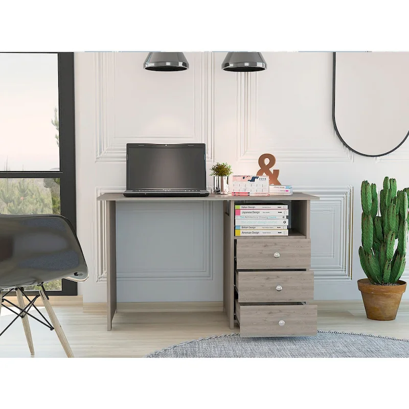 Freestanding Computer Desk with 3 Drawers and Open Shelf, Grey