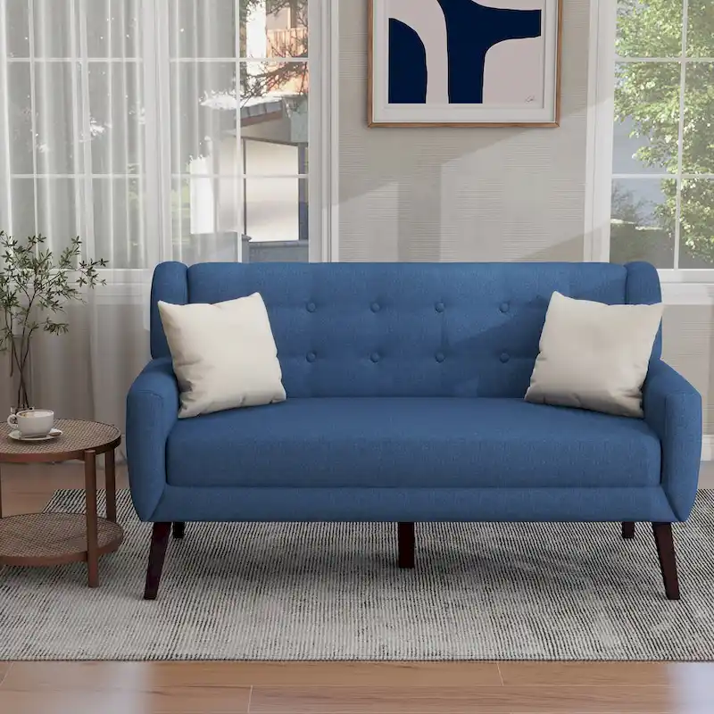 Tufted Linen/Cotton 2-Seater Sofa with Pillows
