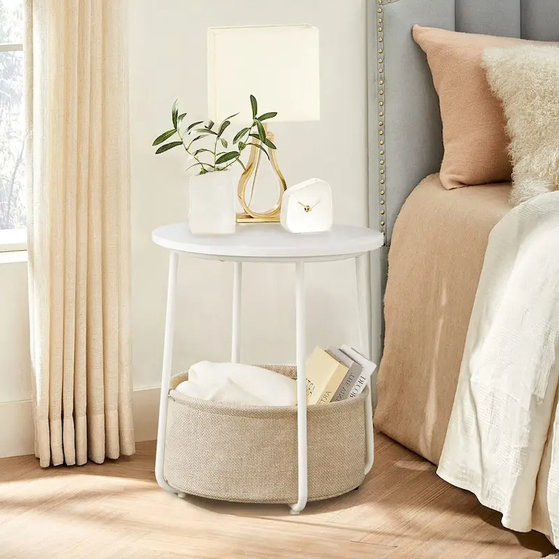 Round Nightstand with Linen Fabric Basket – Bedside Table for Bedroom or Nursery (Beige/Black)