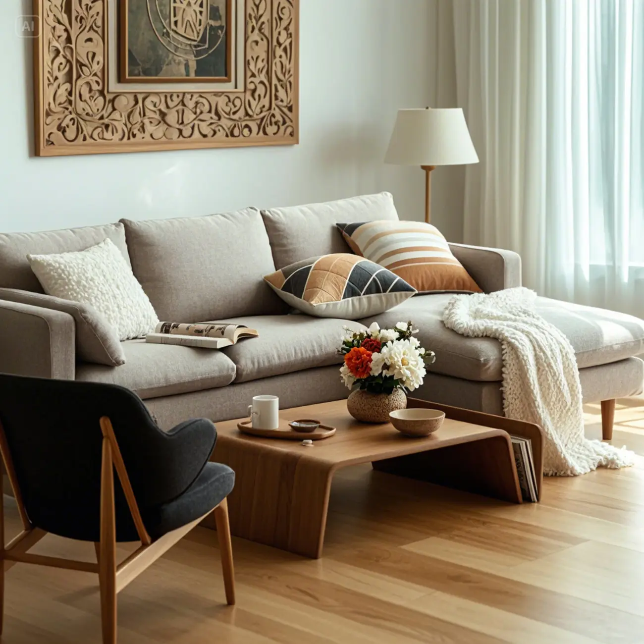 Modern Wooden Brown Curved Coffee Table with Double Pedestal