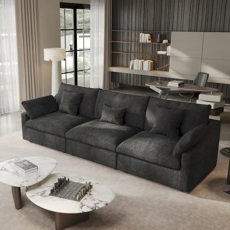 Modern Comfy Linen Sectional Sofa 3-Seater Down Filled Cloud Couch