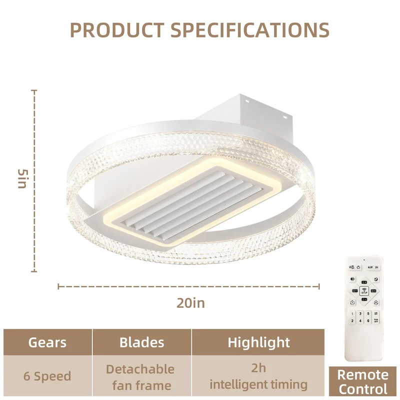 20inch Modern Leafless Ceiling Fan with Remote Control Removable and Washable, Reversible Motor