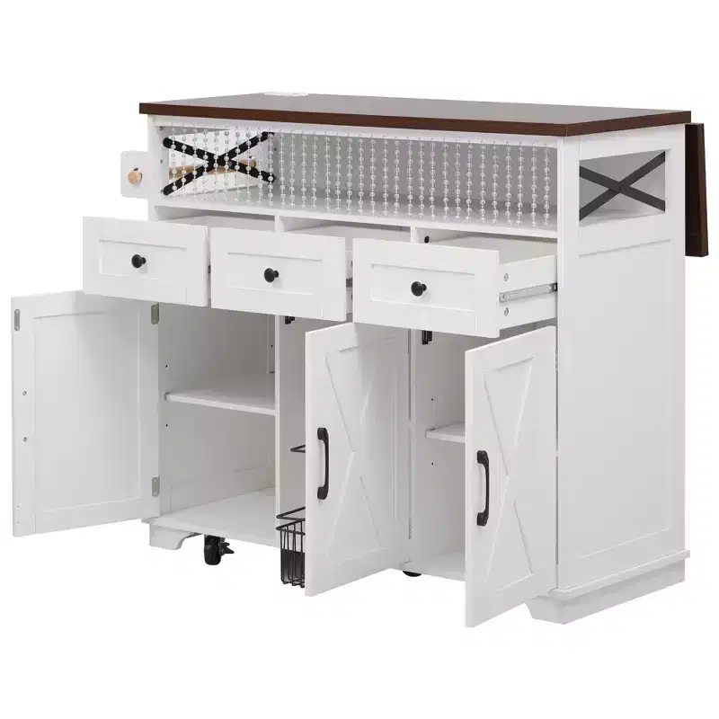 46.5 Farmhouse Kitchen Island with Power Outlet & Beaded Drape - Rolling Cart with Drop Leaf, 3 Drawers & Locking Wheels