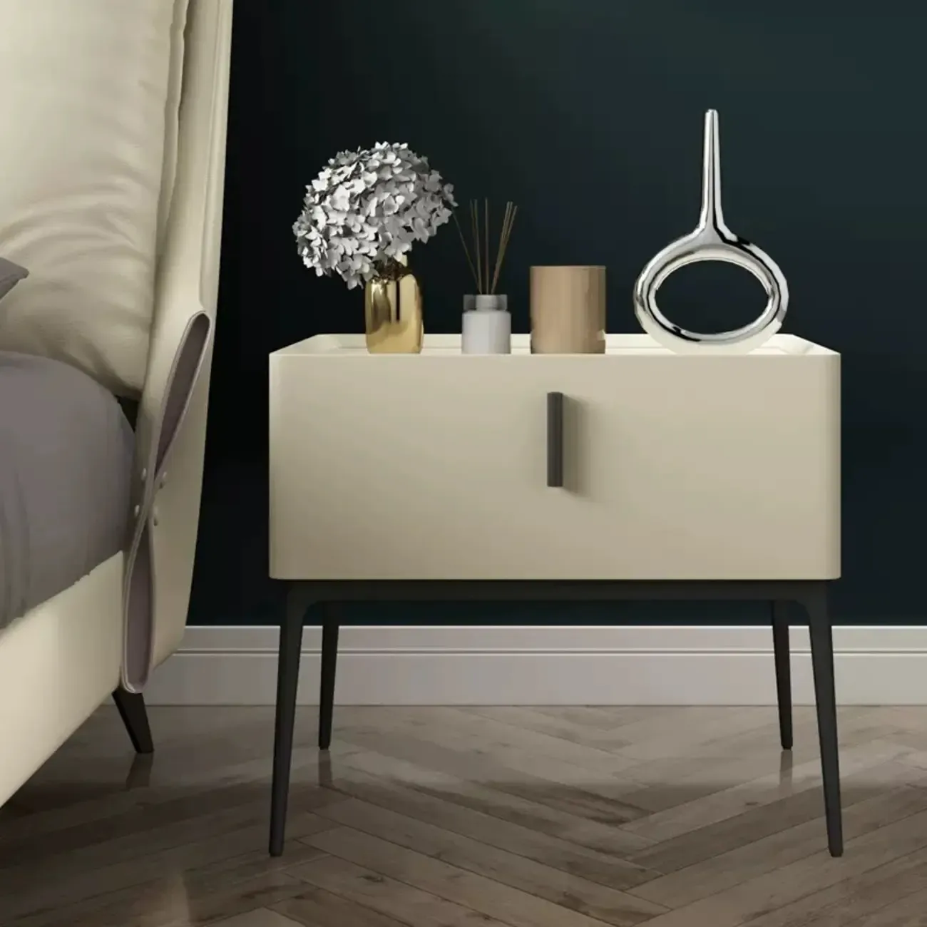 Contemporary Beige Faux Leather 4-Leg Drawer Nightstand