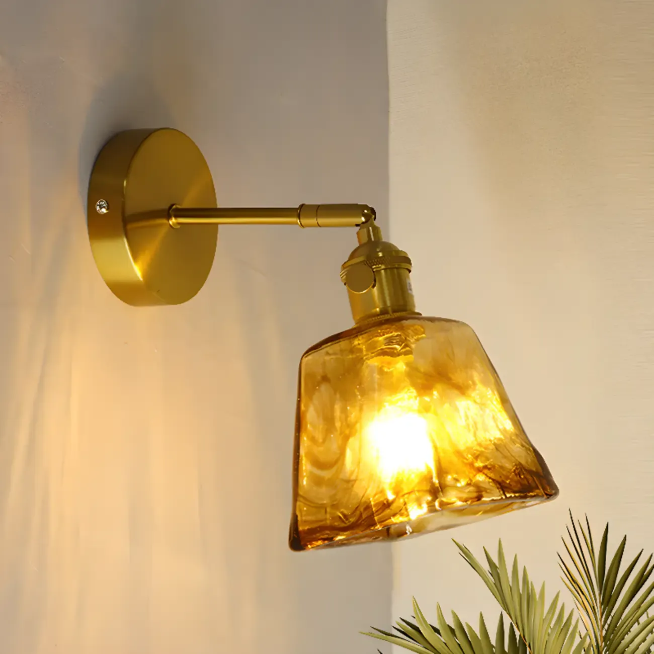 Vintage Bedside Swing Arm Wall Light with Amber Glass Shade